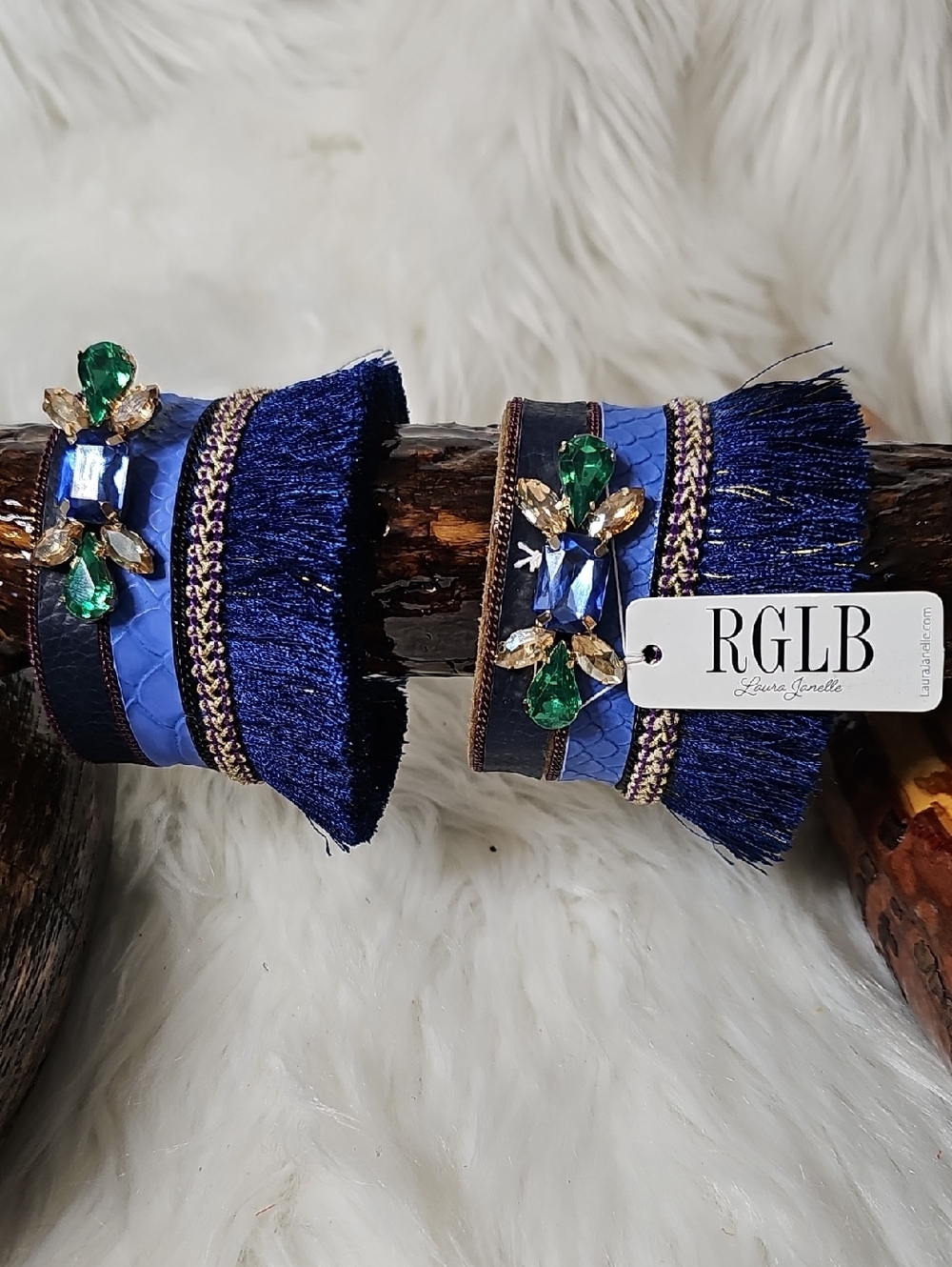 Laura Janelle RGLB Blue Fringe Cuff Bracelet with Green & Blue Stones-#106